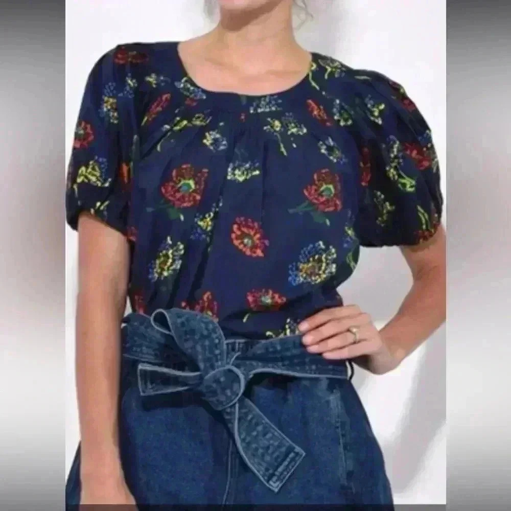Ulla Johnson Joelle Poplin Puff Sleeve Midnight Blue Floral Top Blouse Size 0 XS - Picture 3 of 9
